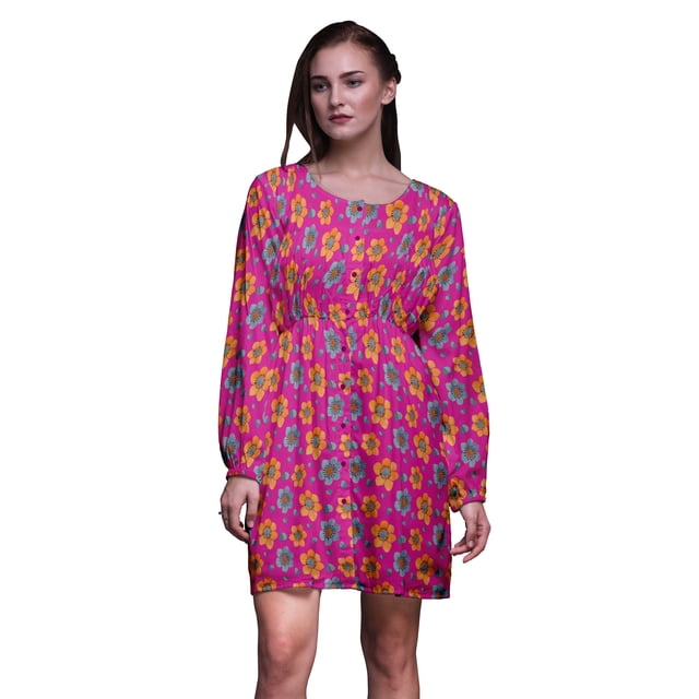 Bimba Chemise Midi Droite à Boutons à Rayures Florales Rose Primula pour Femme, Été, Tunique Décontractée - Grand