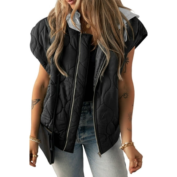 Women's Black Quilted Hooded Zip-Up Puffer Vest - [ZhiHiMeRi] | (US 12-14)L