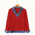 thumbnail image 5 of Denim Sweater for Women Collar Button up Patchwork Denim Pullover Tops Vintage Waffle Knit Jean Sweater Casual Wear Blouses, 5 of 6