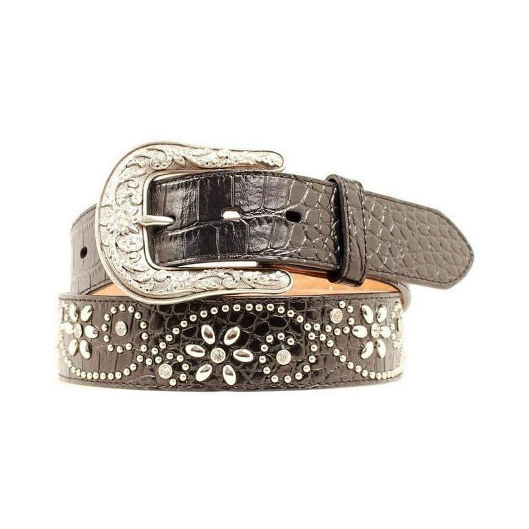 Ariat Western Belt Womens Croc Crystals Floral Studs Black
