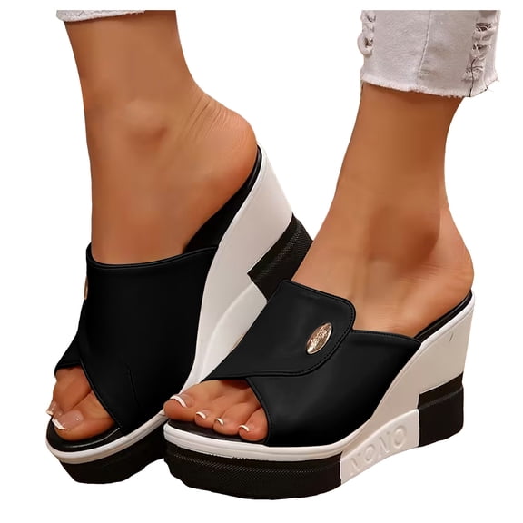 Rokment Platform Wedge Sandals for Women 2026 Fashion Casual Color Block Leather Chunky High Heels Dress Slip on Summer Shoes Black Size 6