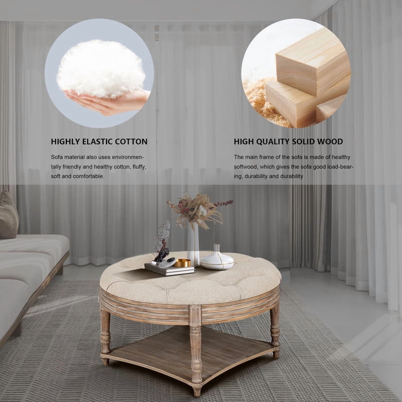 Round Storage Ottoman Coffee Table with Wooden Shelf, Oversized Tufted Upholstered Ottoman with Hidden Storage, Waterproof Linen Footrest for Living Room,Khaki