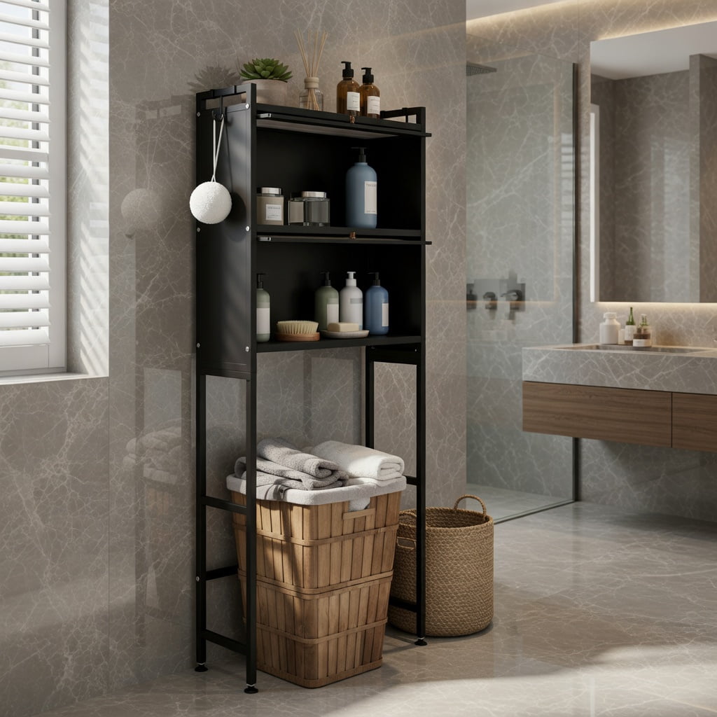 Hommoo Over the Toilet Storage Cabinet with Flip-Up Doors, 2-Tier Bathroom Organizer for Shampoo & Toiletries, Space-Saving Steel Frame with Adjustable Feet & Wall Anchors, Black