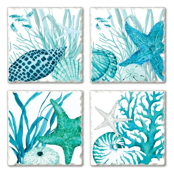 Thirstystone "Coral Life" 4-Pack Absorbent Tumbled Tile Coasters 4" Square
