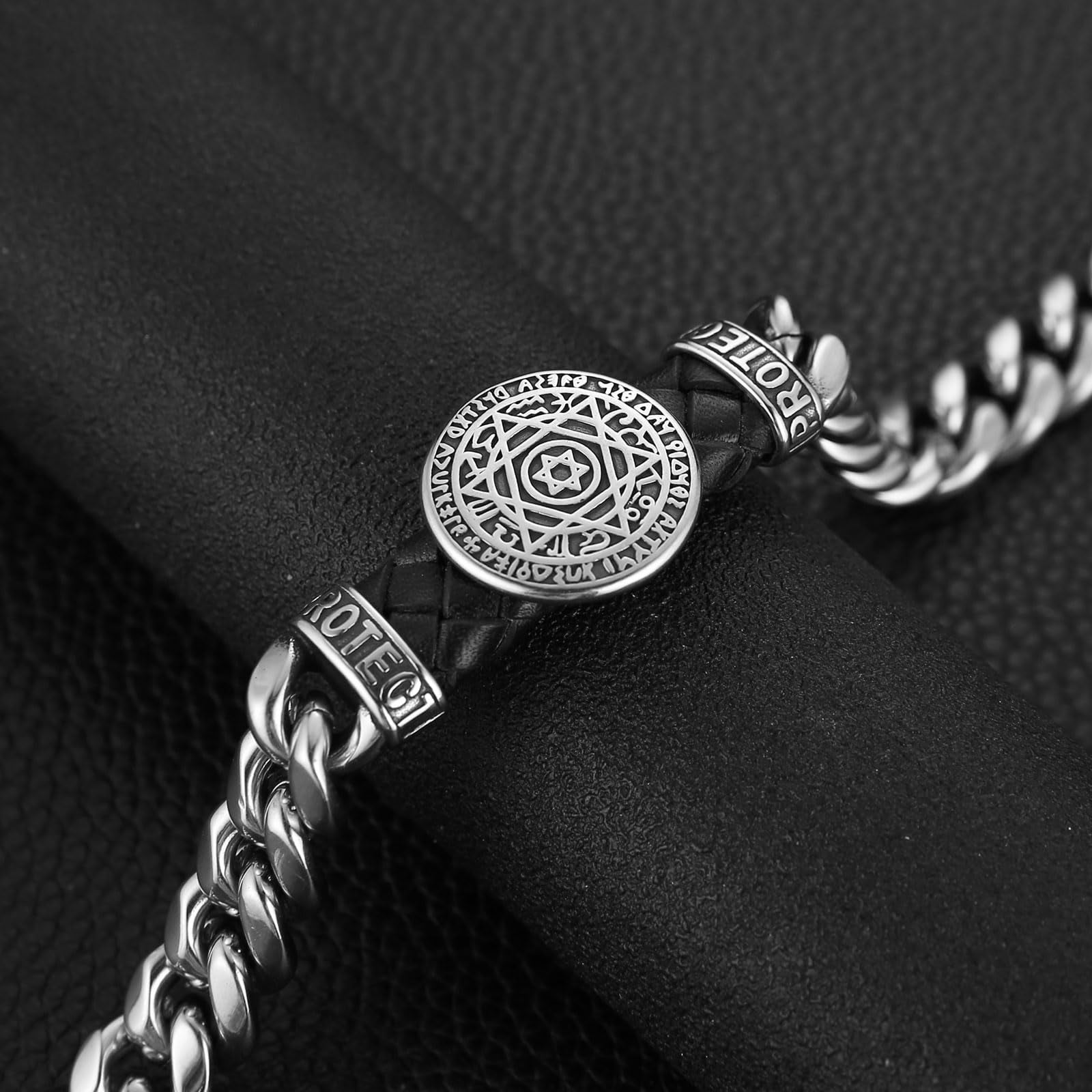 HZMAN 8.5Inch Cuban Chain Bracelet Classic Heavy Stainless Steel Bracelet for Men Biker Seal of Solomon Medal Link Bracelet Jewelry Gift