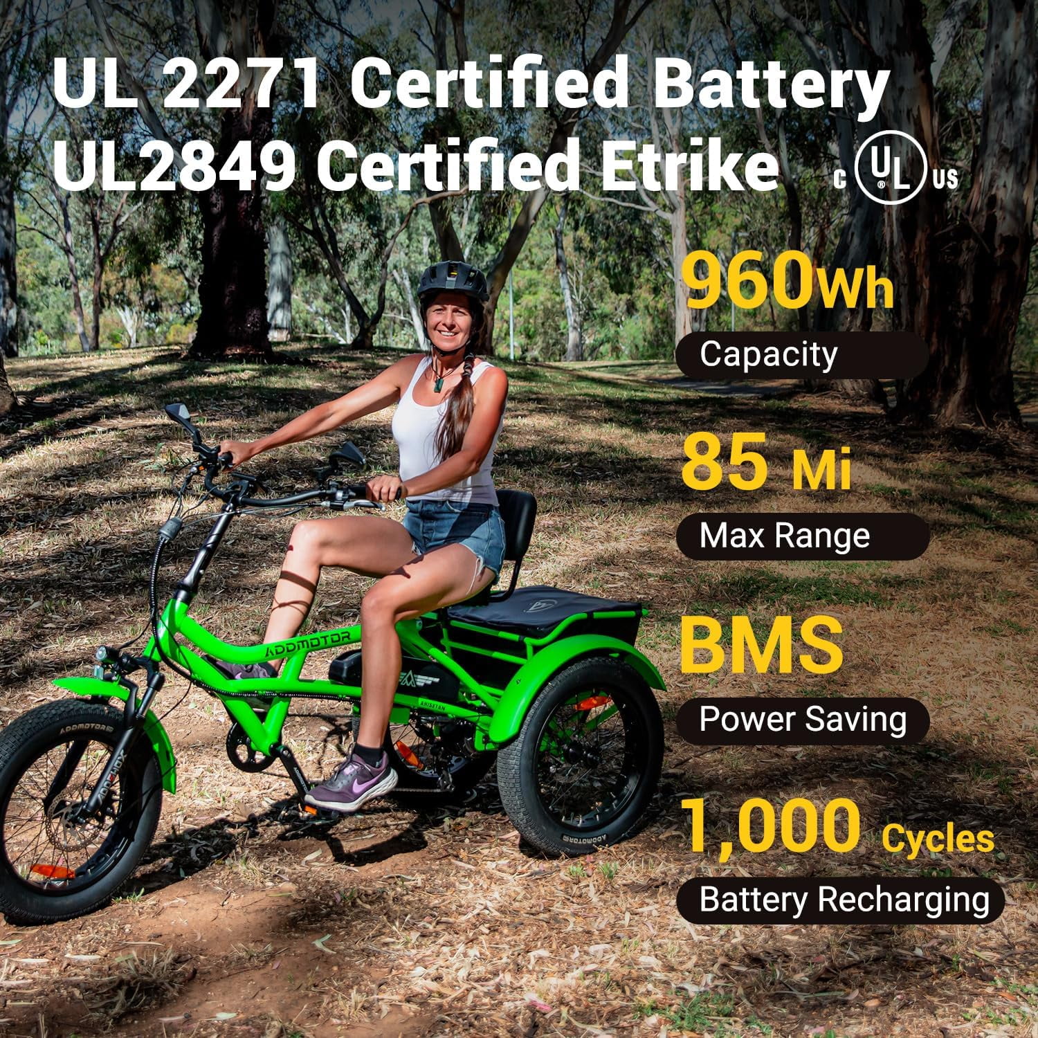 Addmotor M-360II Semi-Recumbent Electric Trike, 85MI, Fat Tire 3 Wheel Electric Bike for Adults, 750W 48V 20Ah Electric Tricycle for Seniors, 20" Electric Trike with Speed Differential, Green