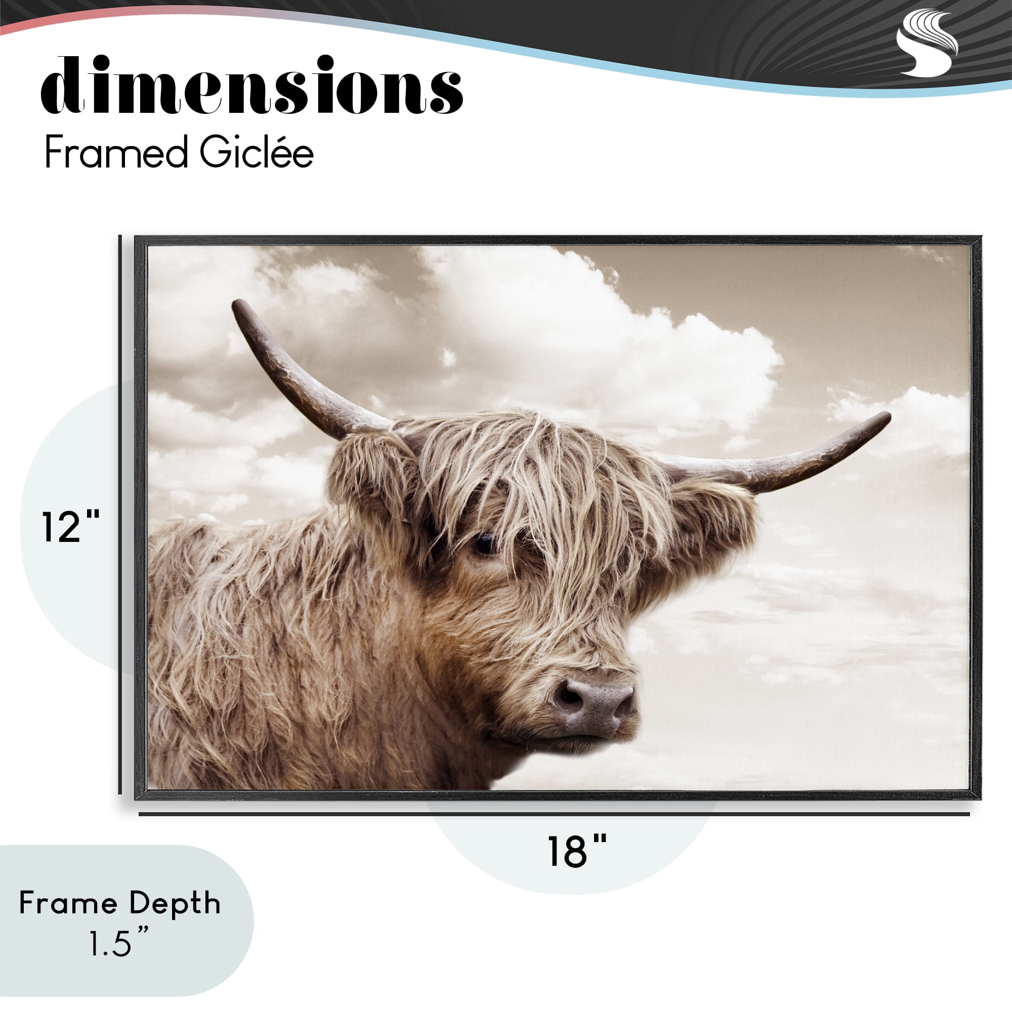 Stupell Industries Shaggy Highland Cow & Clouds Black Framed Giclee Art, design by CAD Designs