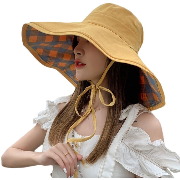 Xiao Hua Sombrero de pescador para mujer, de algodón a cuadros, plegable, reversible, colorido, para verano (amarillo)