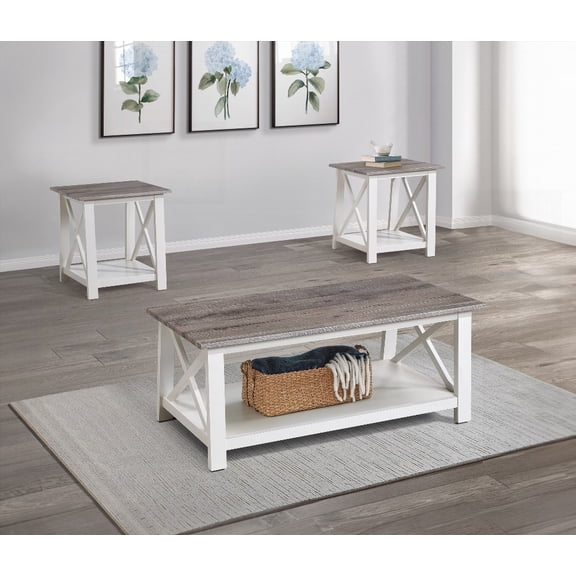 Living Room's 3-Piece Set: White Brown Rectangular Coffee & Square End Tables