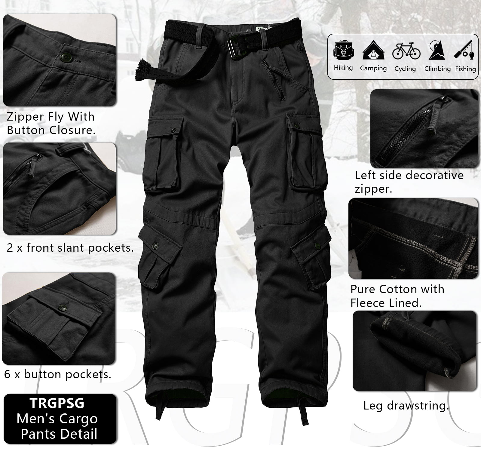 TRGPSG Men's Fleece Lined Hiking Pants Outdoor Cargo Pants 