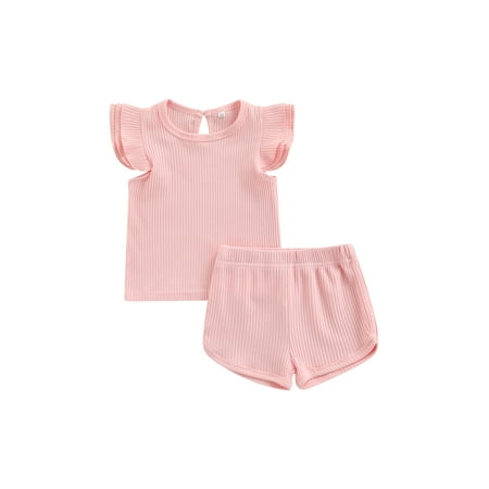 

Canrulo Toddler Baby Girl Summer Outfit Fly Sleeve Solid Color Ribbed Kint Top Shorts Set 2Pcs Clothes Pink 12-18 Months