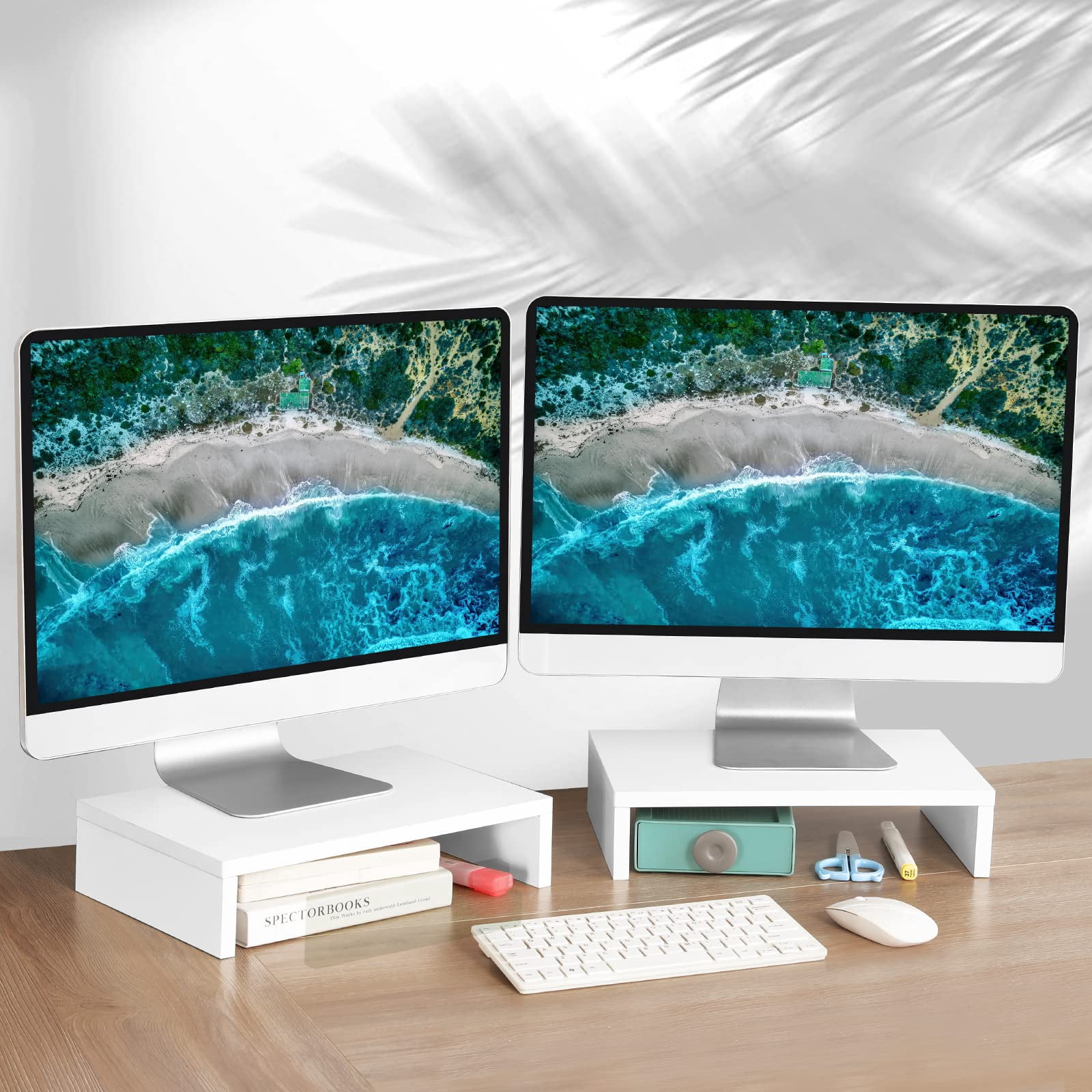 White Monitor Stand Riser - 2 Pack  Wood 2 Tier Adjustable Dual For Laptop/pc Computer Desk