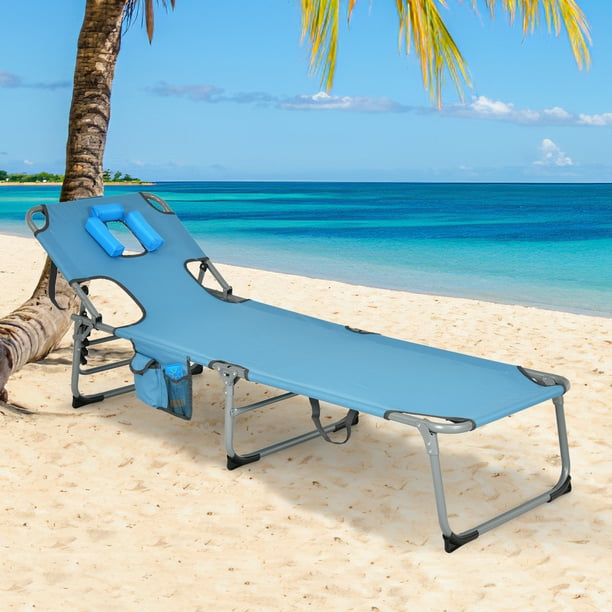 Costway Folding Beach Lounge Chair with Arm Holes Detachable Pillow Storage Pocket Outdoor Walmart