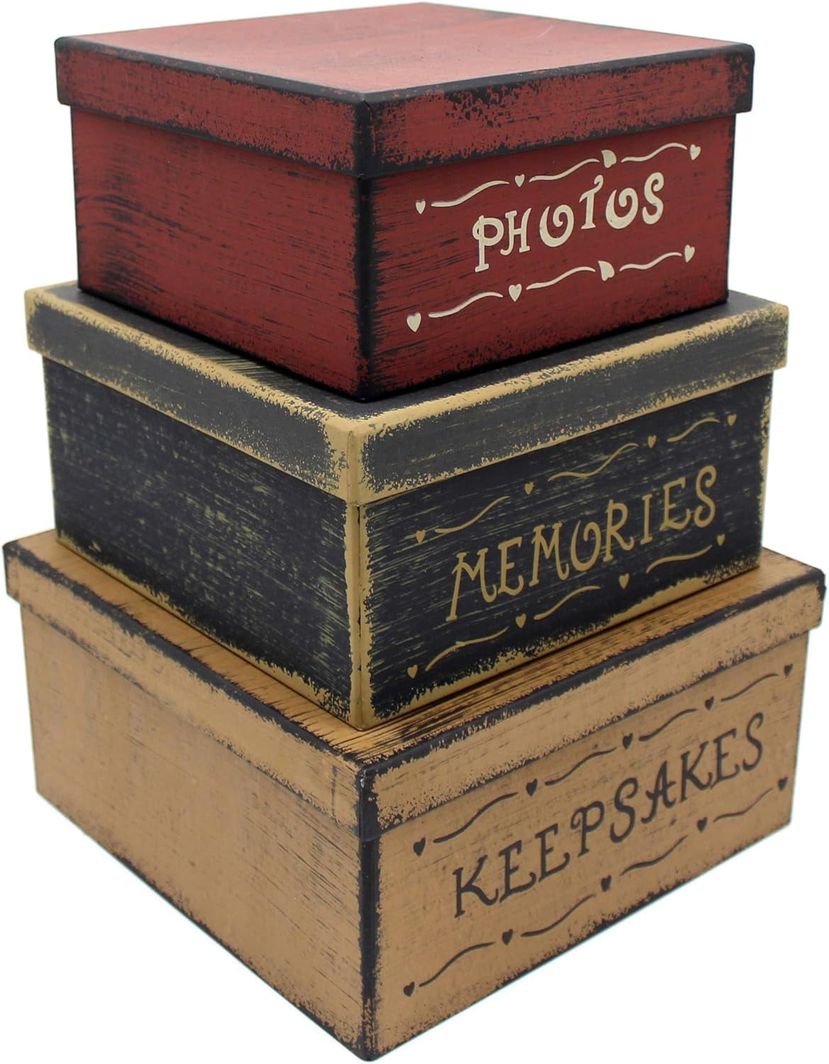 CVHOMEDECO. Primitive Vintage Square Photos, Memories, Keepsakes Cardboard Nesting Boxes, Large 9 X 9 X 4-1/2 Inch. Set of 3.