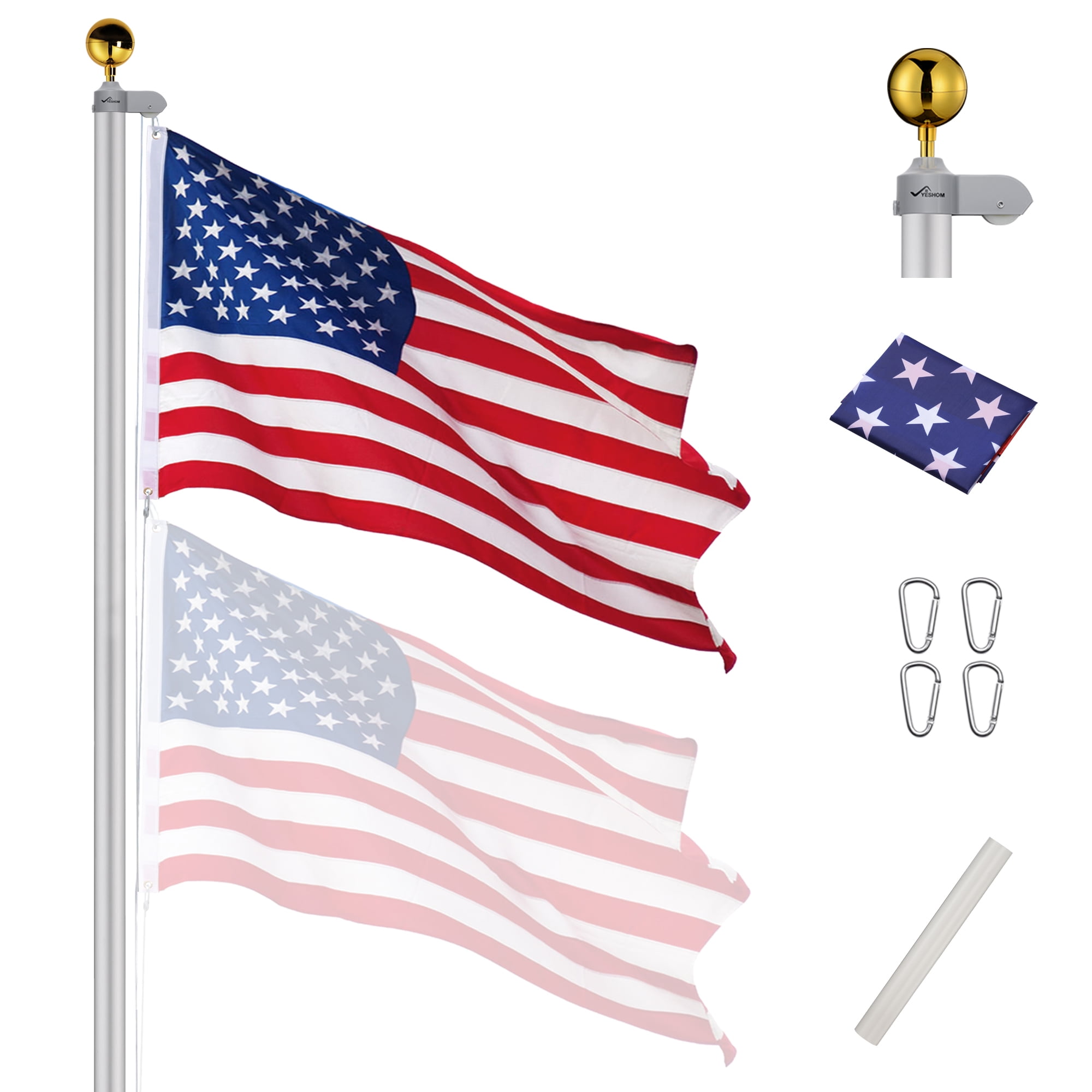 25/30Ft Aluminum Flag Pole Telescopic Flagpole Kit US Flag Can Fly 2 Flags