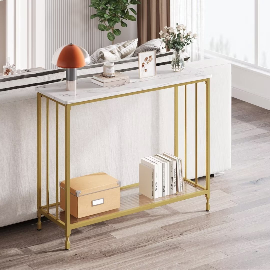 Console Table, 33.5" Entryway Table with Glass Shelf, Industrial Hallway Table for Living Room Foyer, Gold