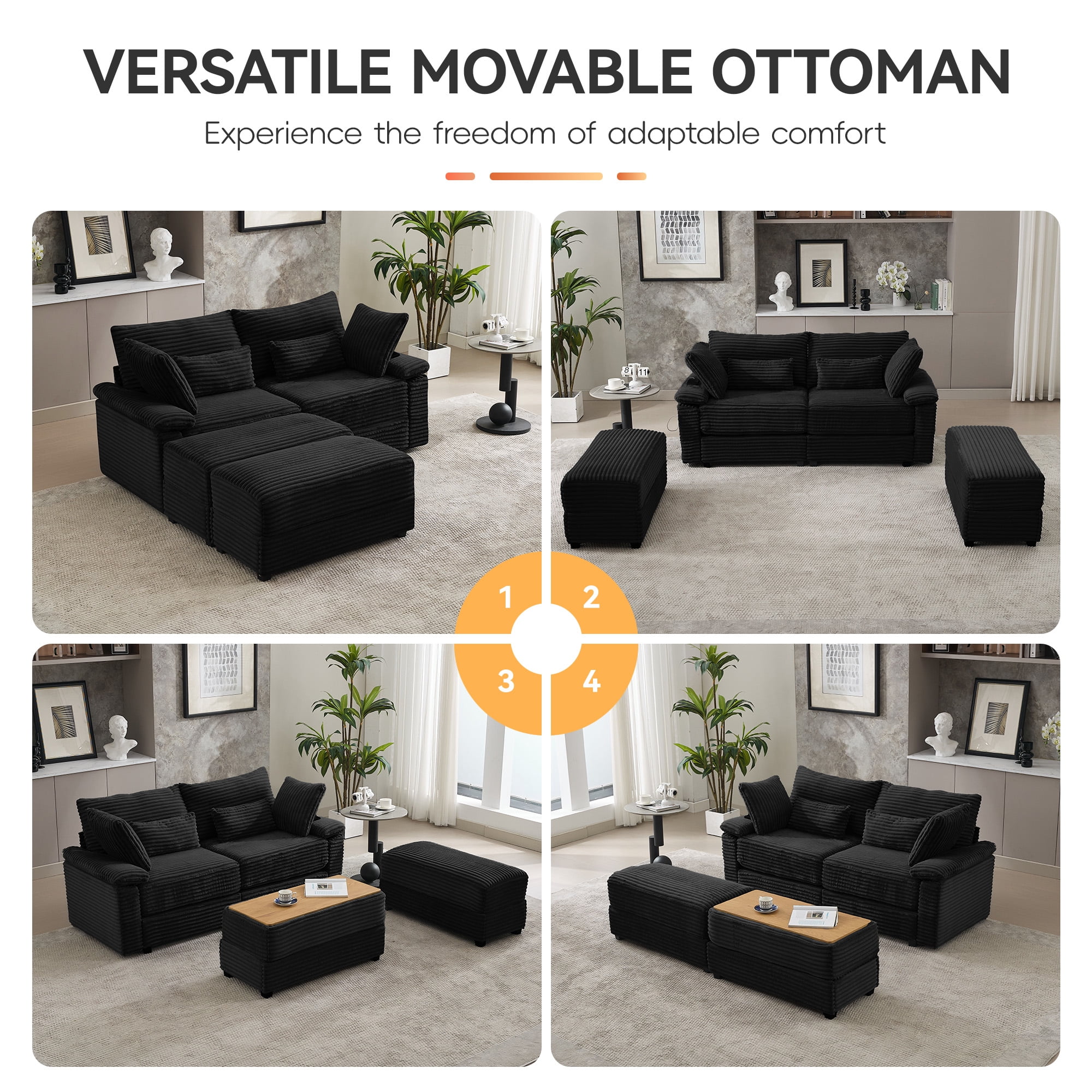 Corduroy Upholstered Sofa for Living Room,Modern Deep Seat Comfy Loveseat Couch with 2 Ottomans,Black