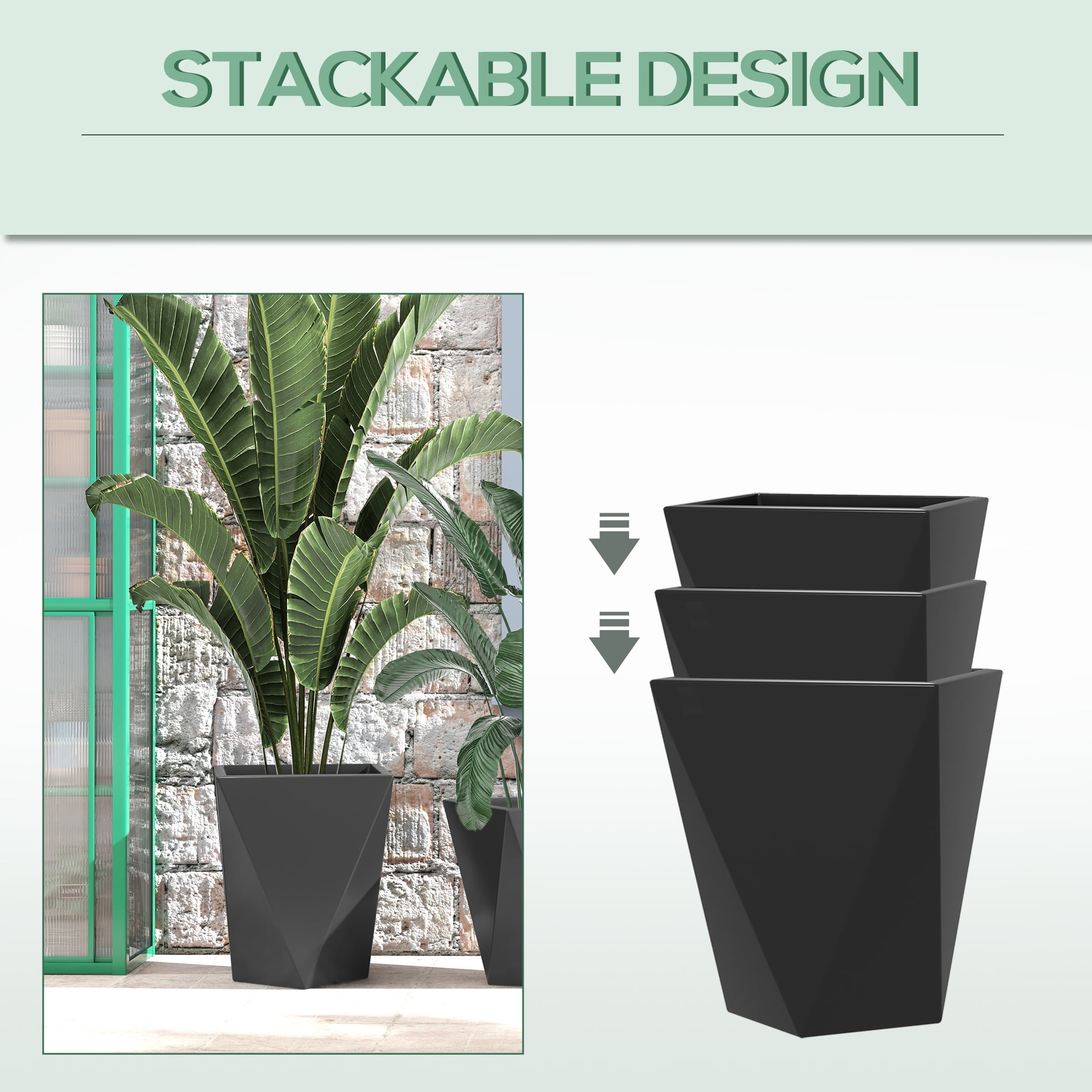 Set of 3 Tall Planters, 18", 15.25", 11.75", Indoor Outdoor Planters with Drainage Holes, Stackable Flower Pots for Garden, Patio, Balcony, Front Door, Black
