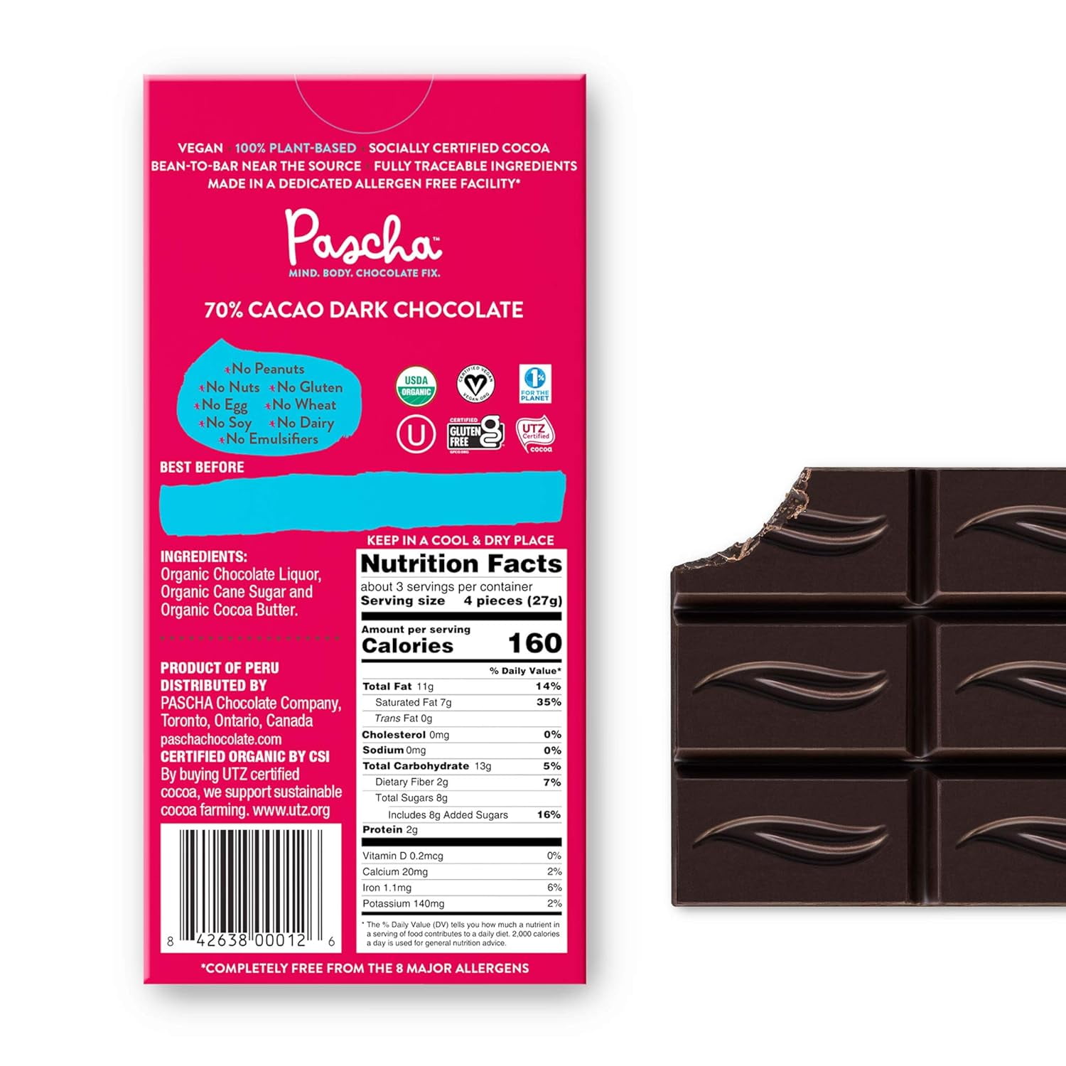 Organic Dark Chocolate Bars, 70% Cacao, UTZ, Gluten , Non GMO, 2.82 Oz, Pack Of 10