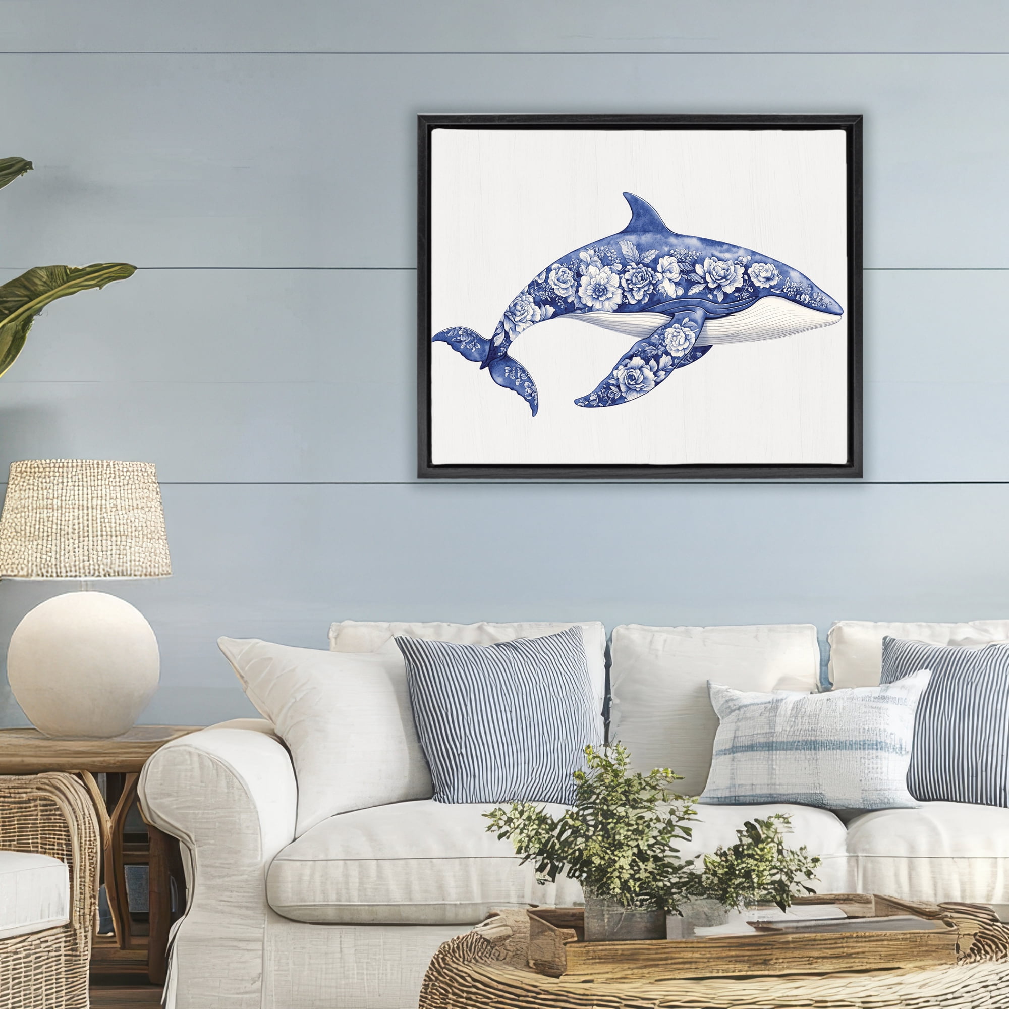 Floral Toile Whale Black Framed Floater Canvas Wall Art, design by Lettered and Lined