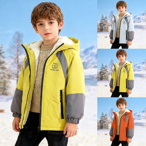 Windbreaker Jackets Boys Lined Thickened Hooded Coat Casual Windproof Thermal Winter Cold Weather Warm Comfortable Outerwear
