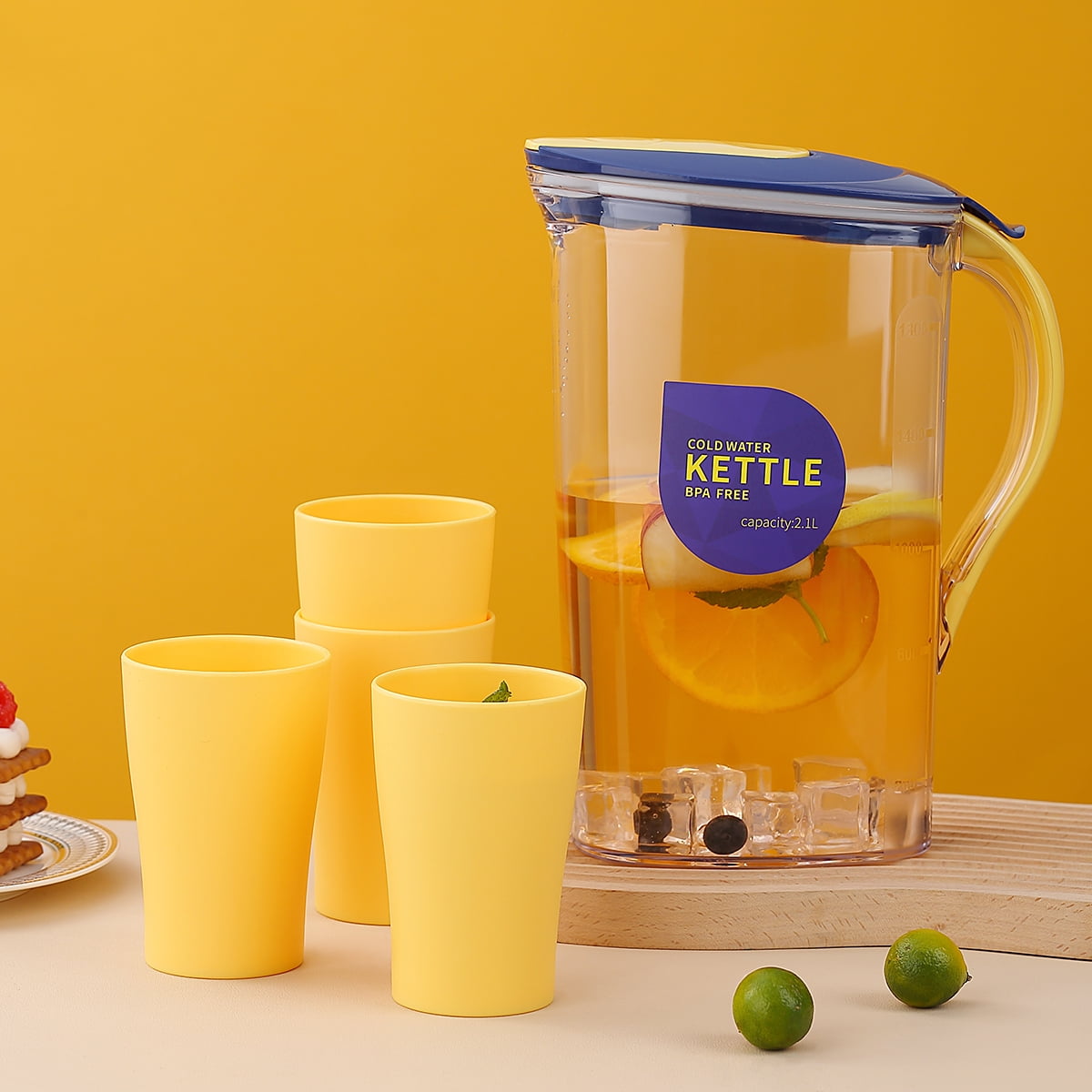 ReaNea Plastic Water Pitcher with Lid 71 oz and 4 Cups, Great for Juice, Milk, Beverage Cold Tea, Iced Tea (Yellow)