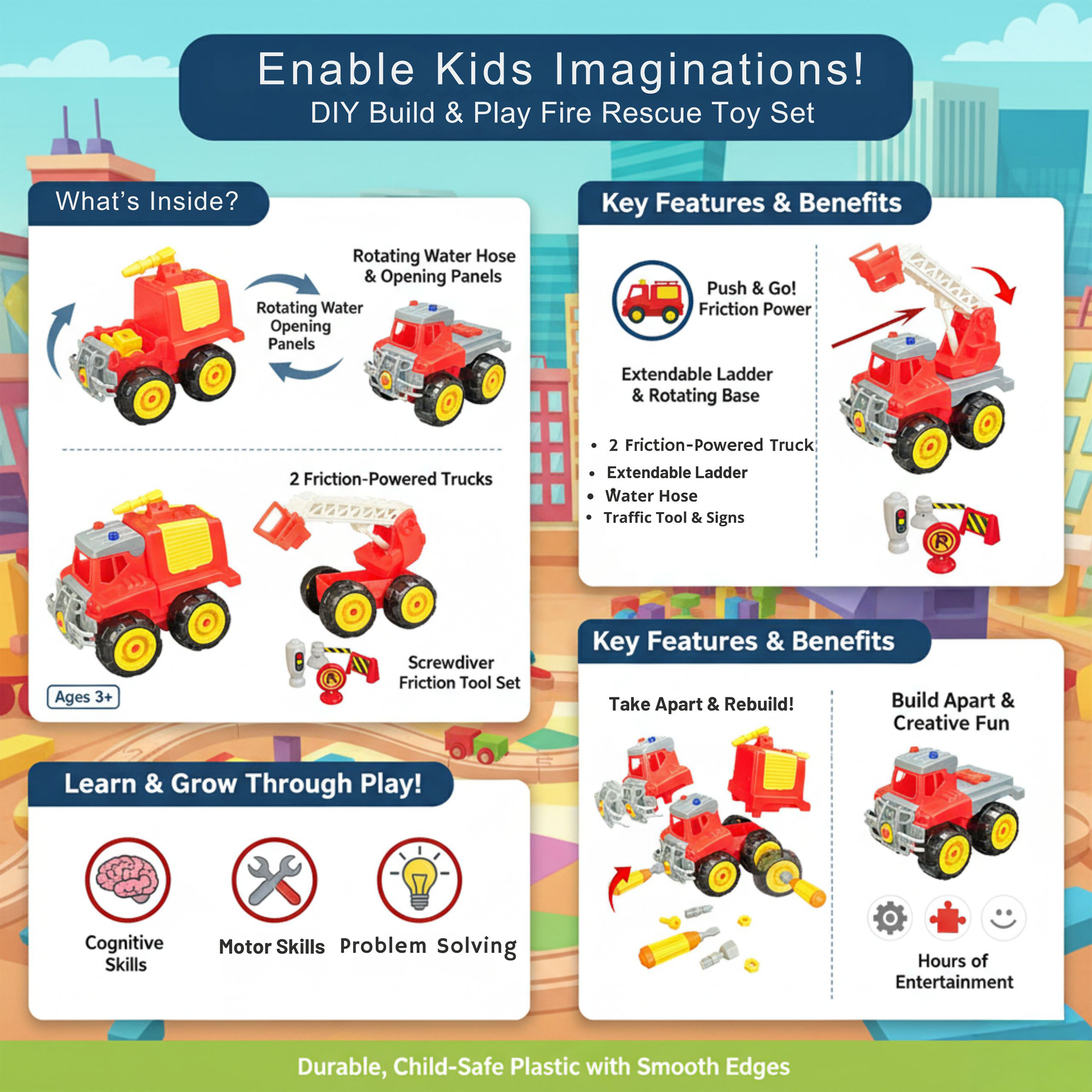 STEM DIY Fire Rescue Truck Building Kit (2 Vehicles) with Screwdriver, Traffic Signs & Moving Parts – Friction-Powered Take Apart Toy for Kids 3+