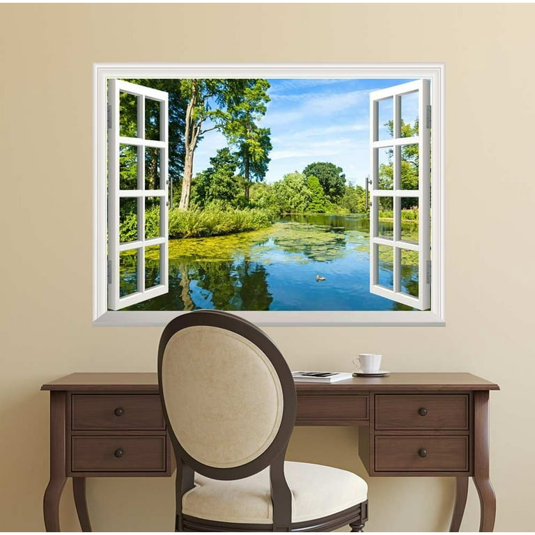 wall26 Removable Wall Sticker/Wall Mural - Lush Green Woodland Park  Reflecting in Tranquil Pond in Sunshine