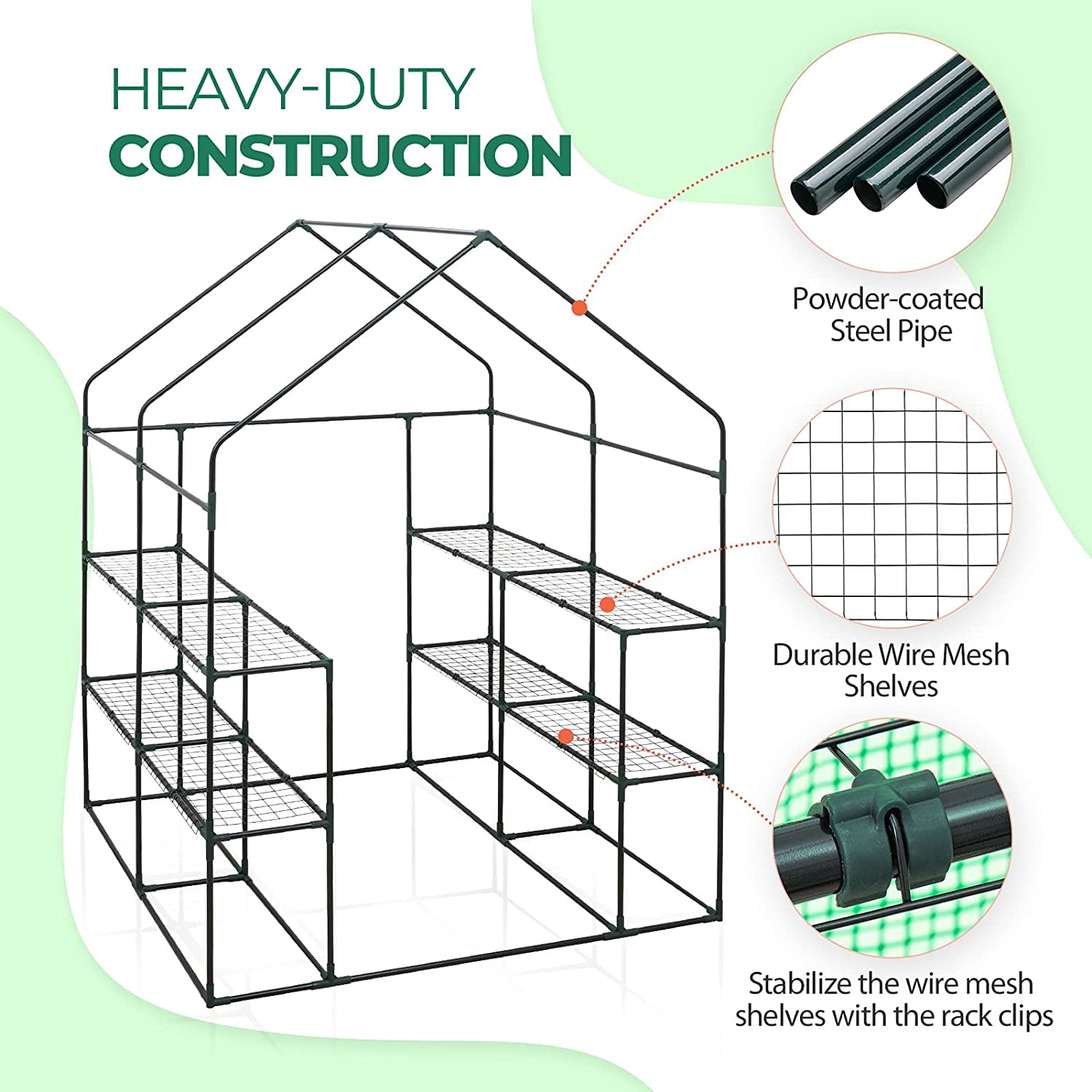EAGLE PEAK Walk-in Greenhouse 2 Tiers 8 Shelves with Roll-up Zipper Door and 2 Side Mesh Windows, Outdoor Indoor Portable Gardening Plant House 56 x 56 x 77 in , Green