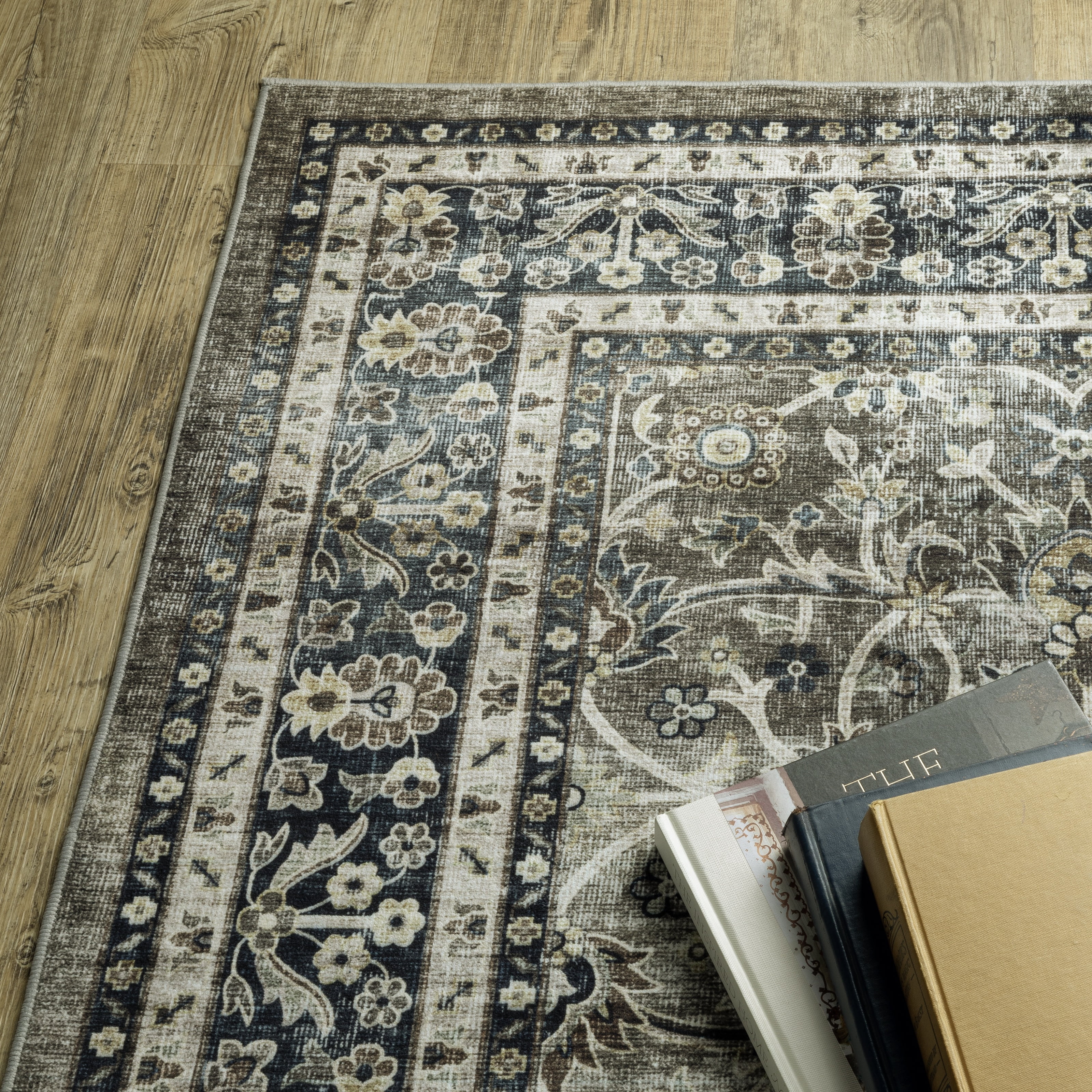 Avalon Home Sebastian Vintage Bordered Charcoal Grey/ Blue Washable Indoor Area Rug