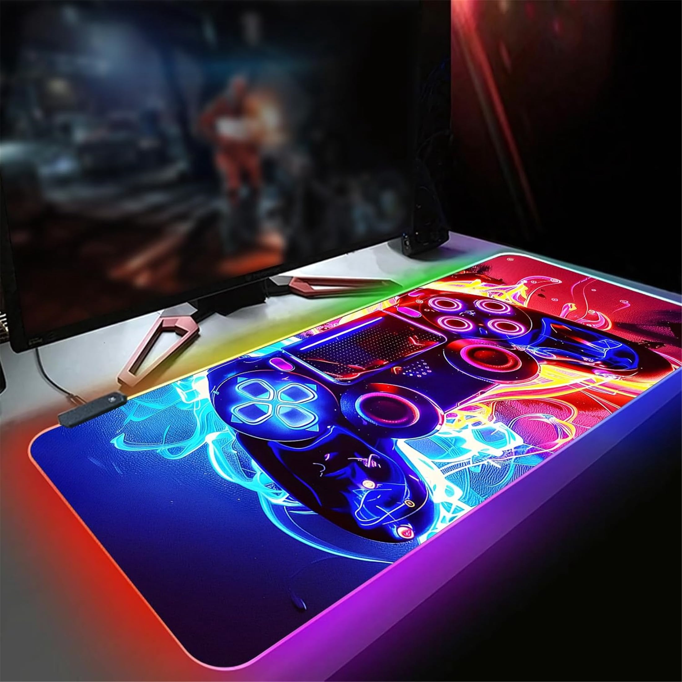 XL Led Gaming Mouse Pad with 14 Light Modes - Light Up Gamer Mouse Pad,31.5 x 11.8in Non-Slip Gamepad Style RGB Large Gamer Mousepad,Black Long Glowing Gaming Accessories for Desk,Waterproof