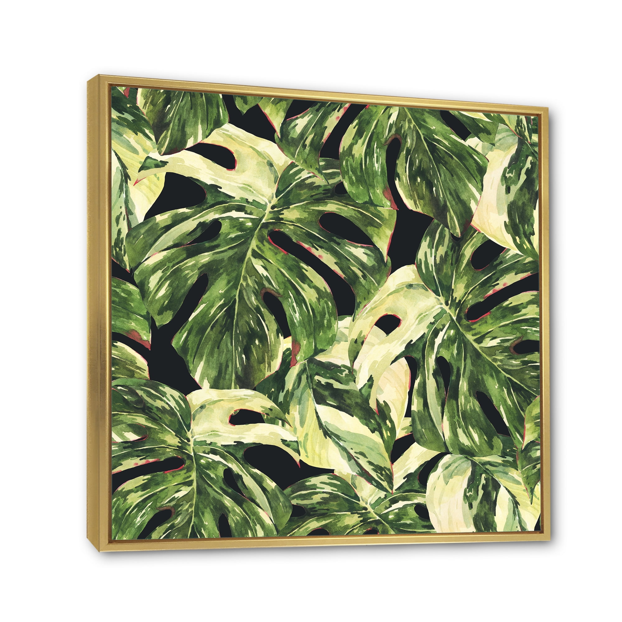 Designart 'Natural Green Leaves Exotic On Dark II' Tropical Framed Canvas Wall Art Print