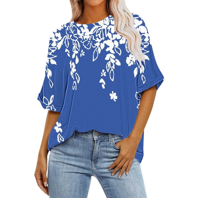 Camisas de Manga Corta para las Mujeres Blusa Suelta de Impresión Recortada Casual, 95% Poliéster 5% Spandex Top para Gimnasio, Diario Y Verano