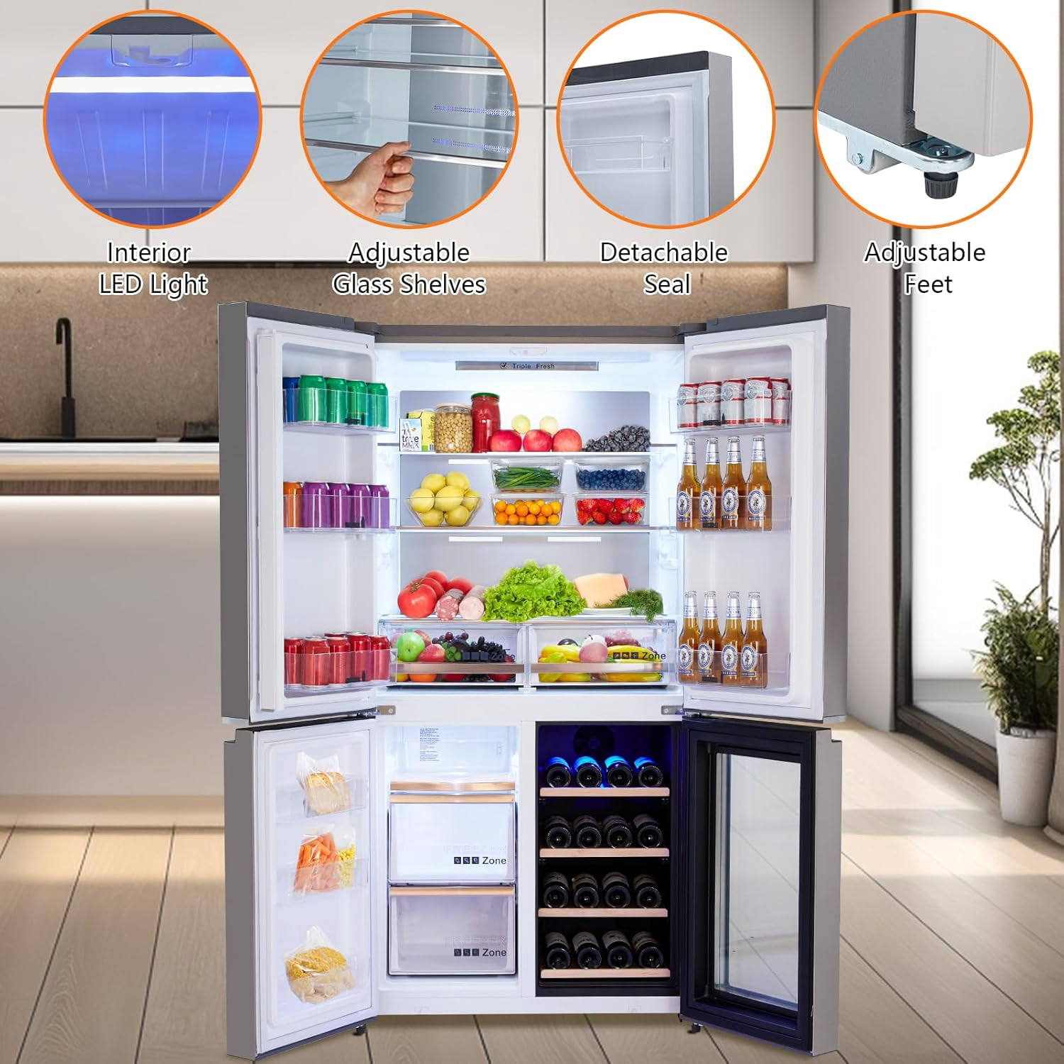 IdealHouse Stainless-Steel 4 Doors Fridges Kitchen-Freezer - 36 Inch French Door Refrigerator, 21 Cu.Ft. Counter Depth Refrigerator Bottom Freezer with Wine Cabinet,Adjustable Shelves