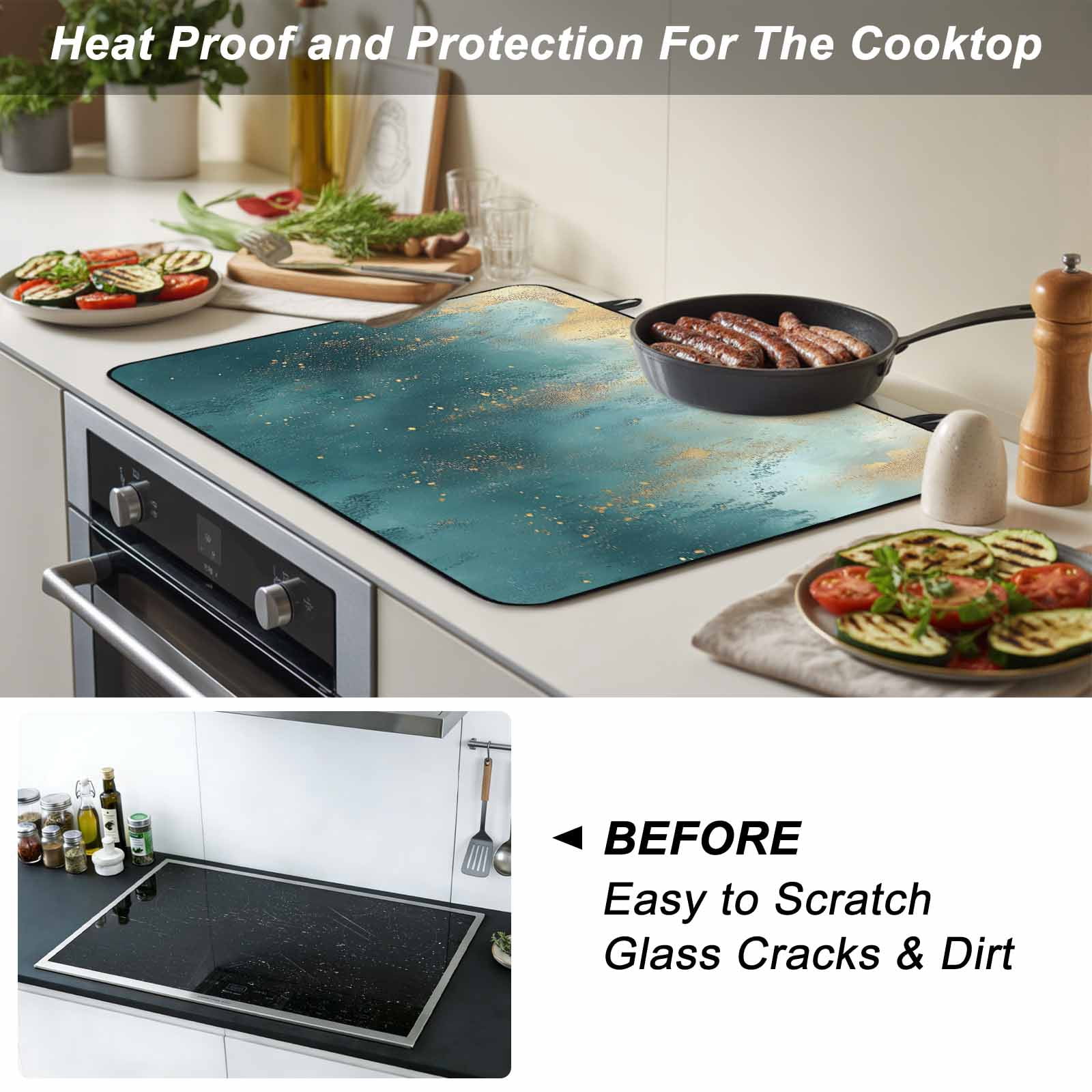 Abstract Turquoise Gold Stove Top Cover for Electric Stove, Heat-proof & Non Slip Glass Top Stove Cover Protector, Modern Minimalist Art Kitchen Flat Cooktop Rubber Mat 24x21 Inches
