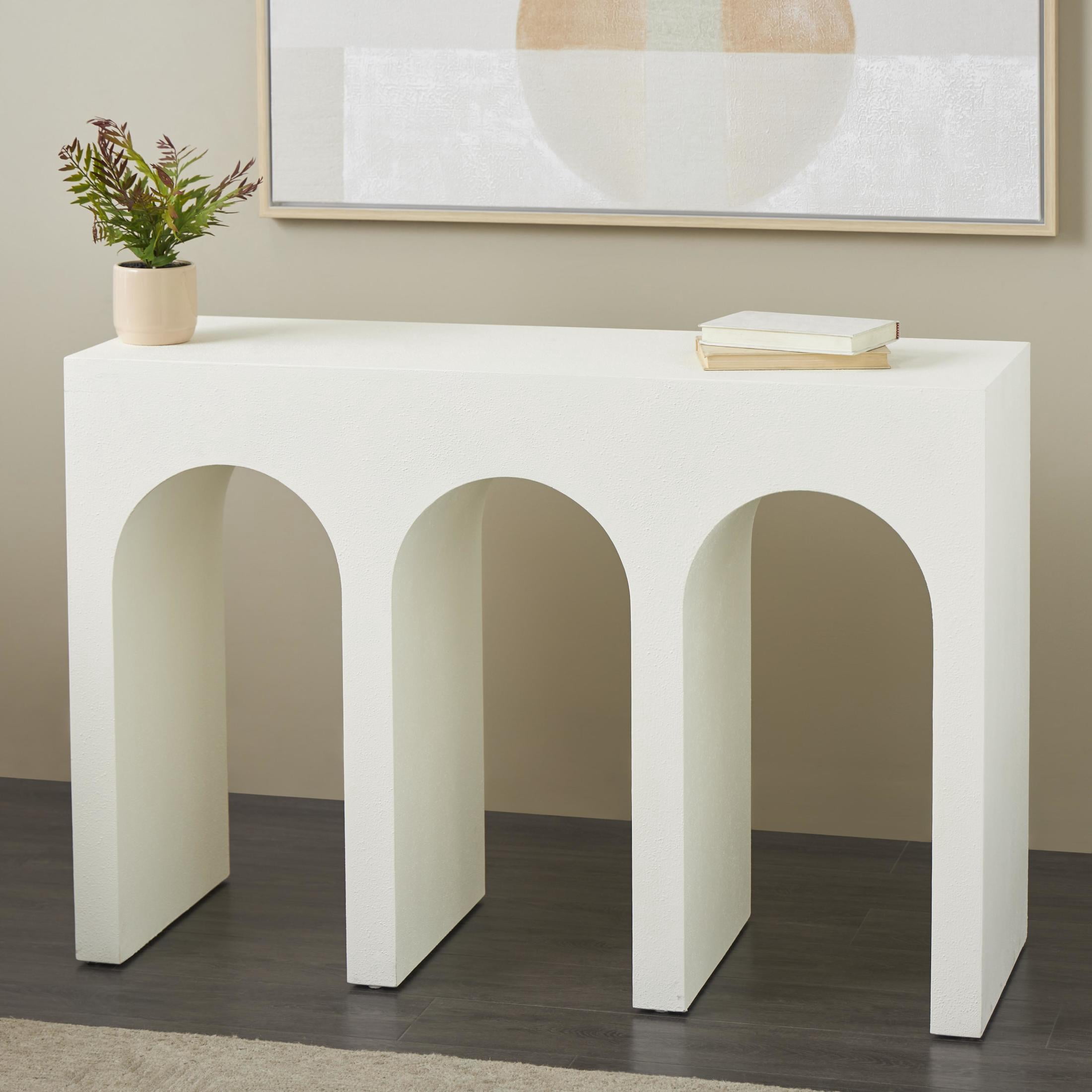 DecMode 47" x 32" White Wooden Art Deco Arched Cutout Console Table, 1-Piece