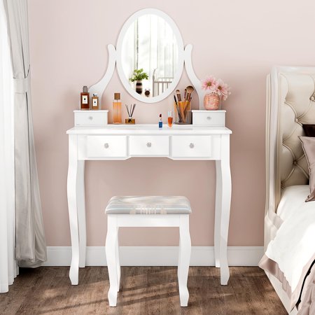 Alohappy Makeup Vanity Set with Mirror and Stool  Vanity Table and Cushioned Stool Set with 5 Drawers  Modern Makeup Dressing Table for Makeup Room  Bedroom