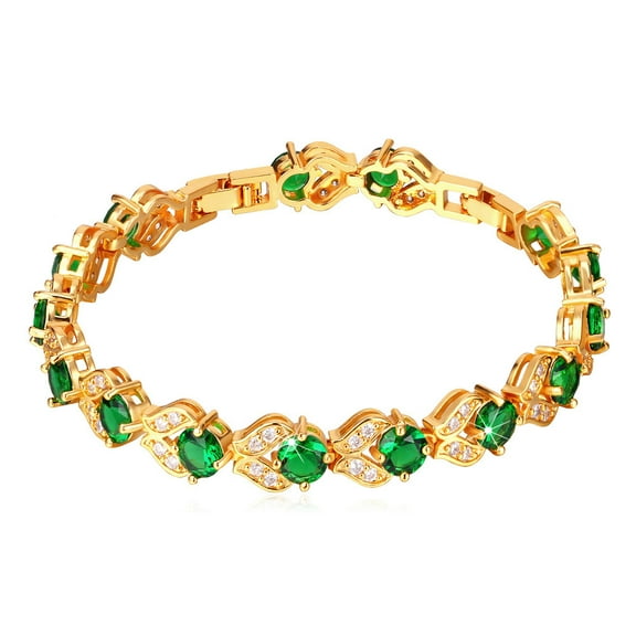 U7 Yellow Gold Plated Women Tennis Bracelet with Sparkling Green Emerald Cubic Zirconia Crystals Wedding Mothers Day Gift,6-8 inch length