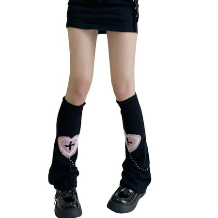 

Women Gothic Autumn Knitted Leg Warmers Socks Japanese Harajuku for Cross Heart Balloon Reversible Flared Baggy Foot Cov