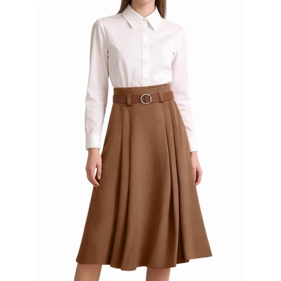 Jaimenalin Women'S High Waist A-Line Skirt Flared Midi Skirt Vinage Skirt with Belt Brown S