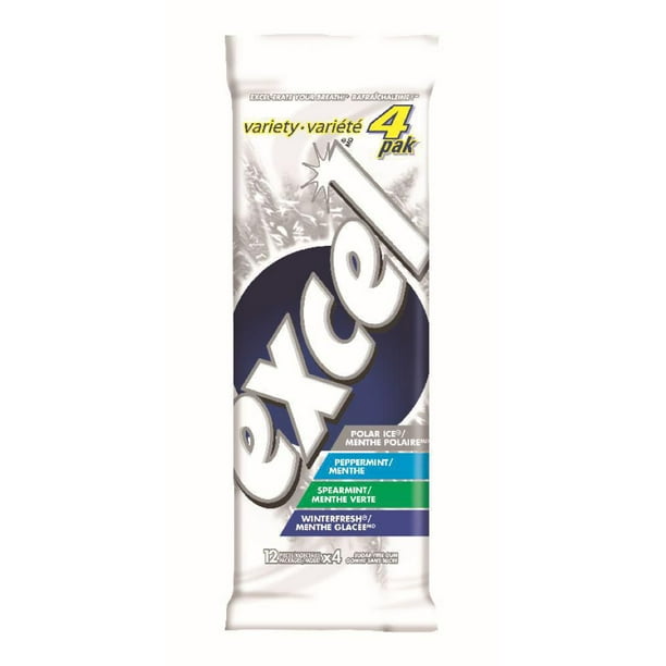 Excel Variety Pack Chewing Gum, sans sucre, 12 pastilles, paquet de 4