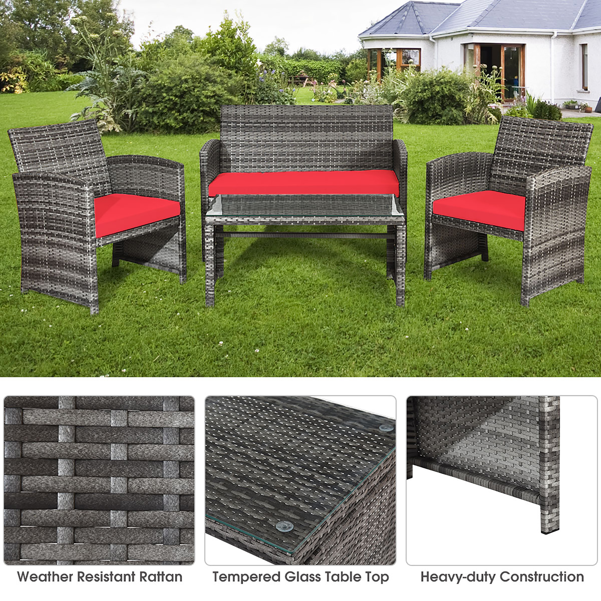 Costway 4PCS Patio Rattan Conversation Glass Table Top Cushioned Sofa Red - image 4 of 10