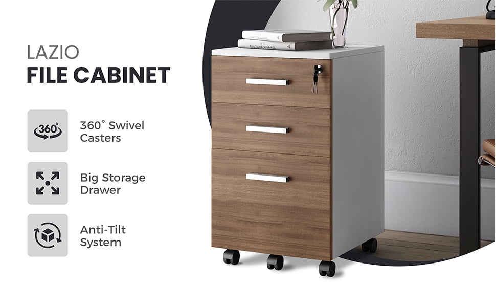 Modern Designs by Crafts and Comfort Lazio File Cabinet 3 Drawers with Lock - Great for Home and Office Use, Wheels and Fits Under Desks – Walnut / White Height 26 Inches