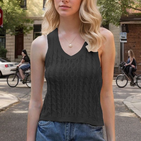 Frostluinai Women's Cable Knit Tank Tops Sleeveless V Neck Y2K Crop Tops Solid Color Slim Fit Tanks Lightweight Summer Tanks Casual Tanks