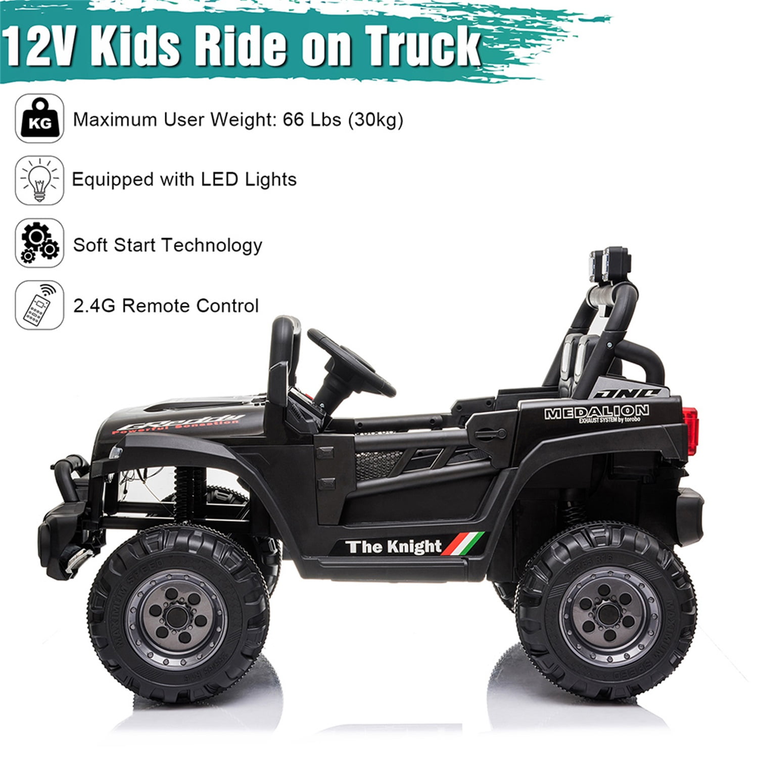 CIPACHO 12V Kids Ride On Truck Car with Parent Remote Control, Spring Suspension, LED Lights, AUX Port, Kids Electric Vehicle Toy, Black