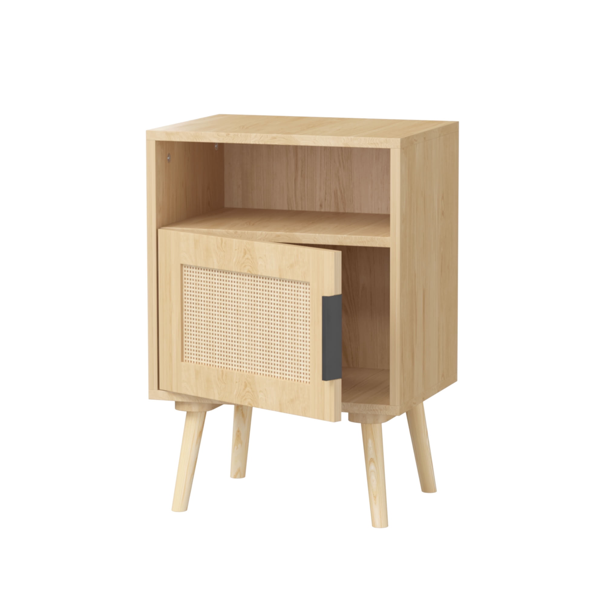 MAYEERTY Boho Rattan Nightstand with Door & Open Shelf, Wood Bedside End Table for Bedroom Dorm Small Apartment Spaces, Oak