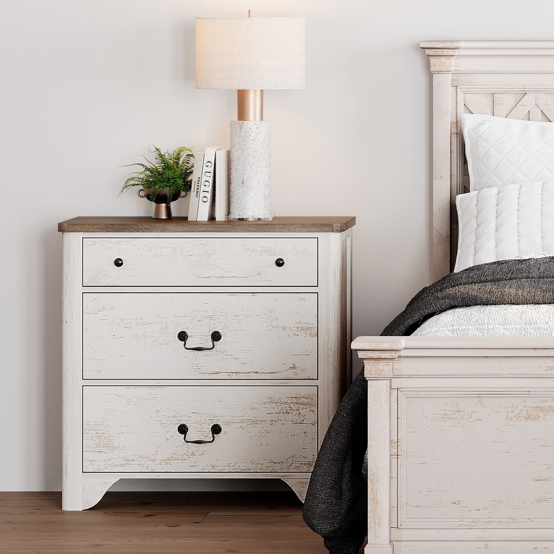 WAMPAT Farmhouse Nightstand with 3 Drawers, Large Wood Bedside Table Night Stand for Living Room, Bedroom, White