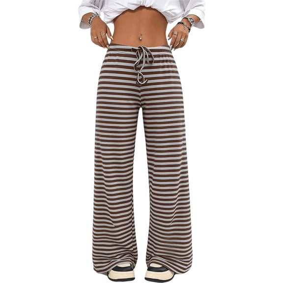 JUUNthy Womens Striped Lounge Pants, High Waist Wide Leg Stretchy Loose Fit Soft Casual Home Trousers Dark Brown XL