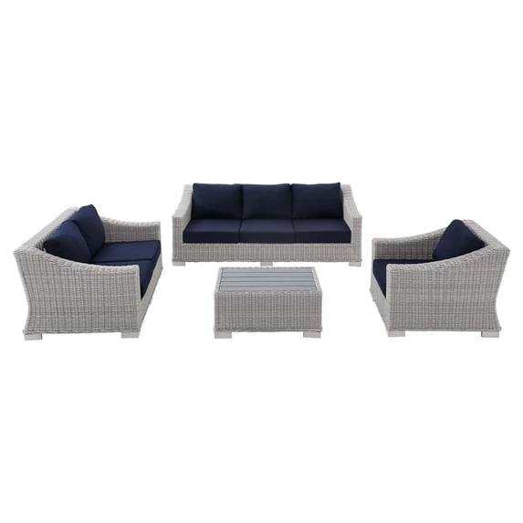 Lounge Sofa Chair Table Set, Rattan, Wicker, Light Grey Gray Blue Navy, Modern Contemporary Urban Design, Outdoor Patio Balcony Cafe Bistro Garden Furniture Hotel Hospitality