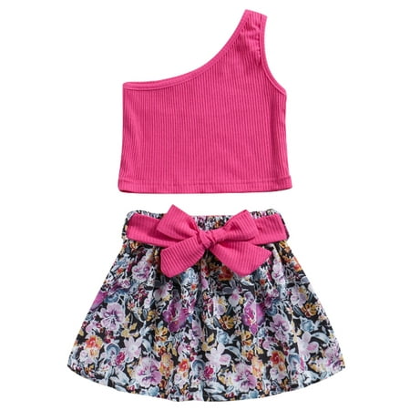 

Musuos 2PCS Baby Girls Sleeveless One Shoulder Tank Tops Belted Skirt Set